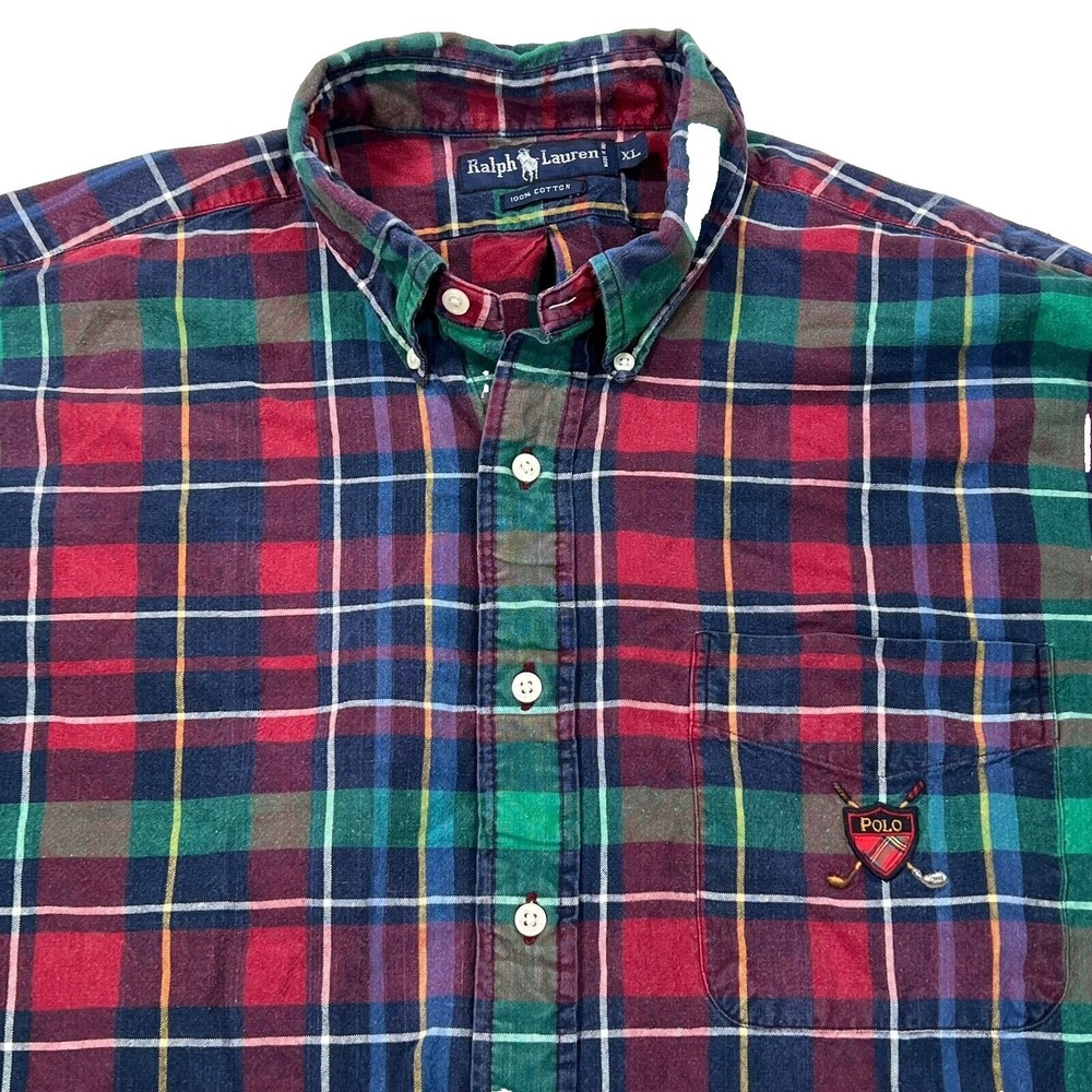 Ralph Lauren Shirt Mens Large Red Green Plaid Button Up VTG Golf